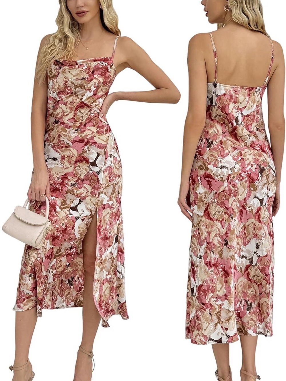 Floral Pink Slip Midi Dress with Side Slit